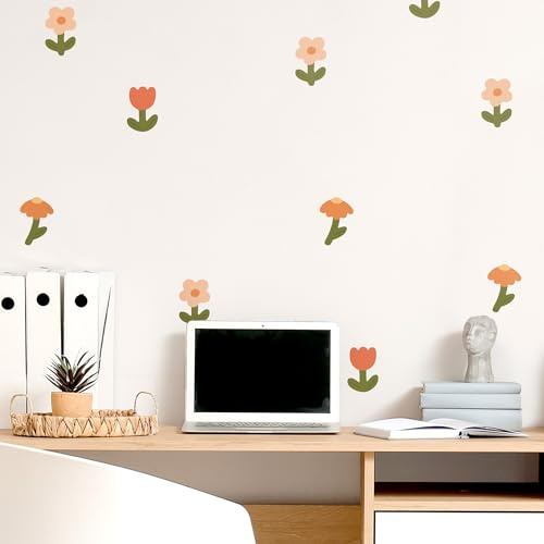 Klebekerlchen® | Wandtattoo Kinderzimmer Mädchen & Junge, Wandsticker selbstklebend, wiederverwendbare & rückstandsfreie Kinderzimmer Deko – Retro Blumen Sticker (Set mit 18 Motiven)