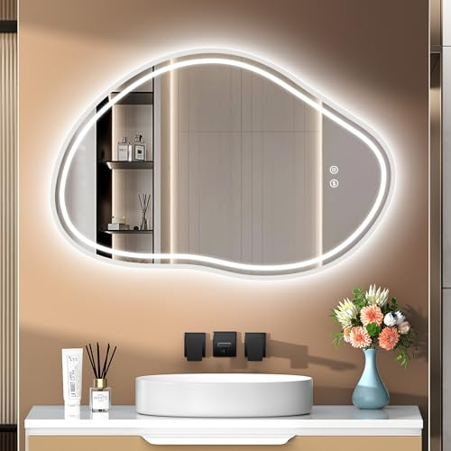 PESENXAN Badspiegel mit Beleuchtung Asymmetrischer 80x53cm, Spiegel Bad mit Beleuchtung 3 Lichtfarben, Dimmbar, LED Spiegel Bad mit Touch-Schalter und Speicherfunktion, ideal für das Badezimmer