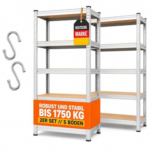 ALBATROS SR2S Schwerlastregal 2er Set | 180x90x40cm, 875kg, 5 Ablagen | Metallregal, Steckregal teilbar, verstellbar, Lagerregal für Garage, Keller, Werkstatt, Vorratsraum & Lager, inkl. 2 Haken
