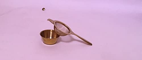 Ganam Brass single 14.5cm Long Handled Tea Strainer 4.5cm- with drip bowl boxed