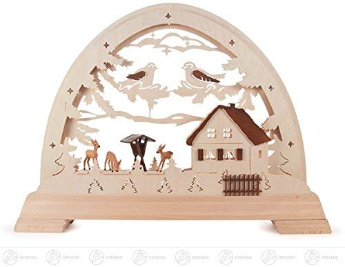 Rudolphs Schatzkiste Rundbogen mit Rehen und Futterkrippe,elektrisch beleuchtet BxHxT = 49x36,5x6,5cm NEU Erzgebirge Schwibbogen Lichterbogen
