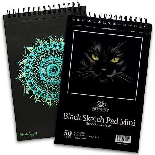 Art-n-Fly Schwarzes Skizzenbuch A5 5.5 x 8.5 : Buch mit schwarzem perforiertem Papier auf Einer Spirale - 100 Blatt Skizzenbuch