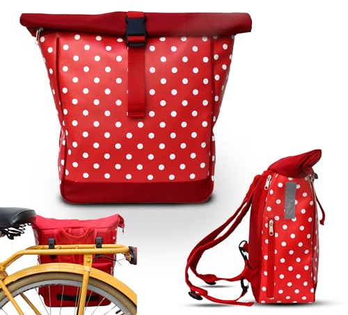 Ikuri Fahrradtasche/Rucksack Kombi Fahrradrucksack aus Wachstuch für Gepäckträger Packtasche Wasserdicht für Frauen - Modell Lunares rot
