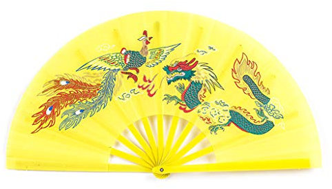 XUNXI Éventail Chinois, Fan de Kung Fu Chinois Tai Chi Arts Martiaux Dragon Phoenix en Plastique Ventilateurs pliants de Poche Art Danse Cadeau Jaune