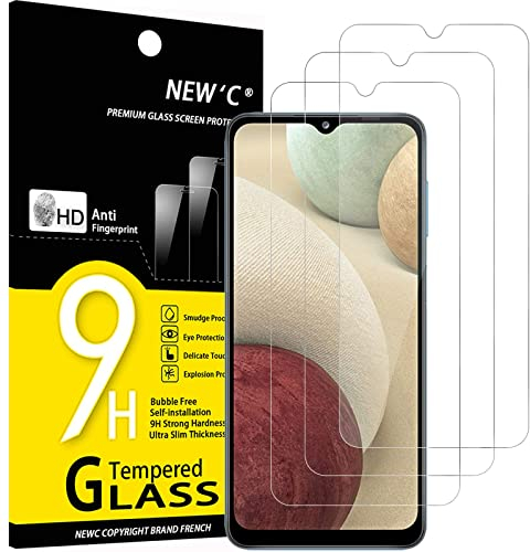 NEW'C 3 Piezas, Protector Pantalla para Samsung Galaxy A12, Cristal templado Antiarañazos, Antihuellas, Sin Burbujas, Dureza 9H, 0.33 mm Ultra Transparente, Ultra Resistente