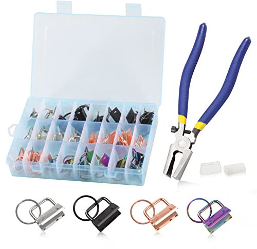 LEONTOOL Key Fob Hardware Pliers Tool 32 Pcs Kit with 1 Inch Key Fob Hardware, 8 Inch Glass Running Plier, Rubber Cover, Storage Box