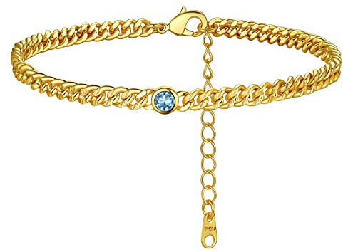 FindChic Damen Fußkette Ankle Chain Wasserfest aus Kupfer Vergoldete Knöchelkette Geburststein März Aquamarin als Geschenk zum Geburtstag, Weihnachten, Valentinstag