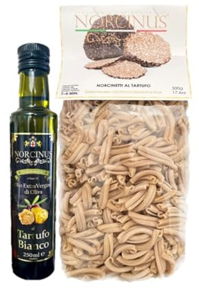 Norcinus Tartufi, confezione regalo con 500 grammi di pasta artigianale al tartufo nero da grano coltivato e lavorato in Italia + 250 ml di olio extravergine di oliva italiano al tartufo bianco.