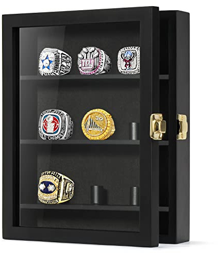 TJ.MOREE 9 Ringe Meisterschaft Ring Vitrine 8x10 Wandhalterung Holz | Shadow Box mit Schlössern zum Zeigen von Sport, Klasse, Brüderlichkeit und Auszeichnungsringen, Schwarz