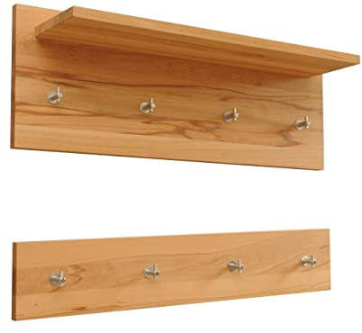Holz-Projekt-Summer Wandgarderobe 2-teilig Kernbuche mit Ablage und Kleiderhaken Wandpaneel Garderobe Hakenleiste Paneel Dielenmöbel Flurgarderobe (100cm breit)