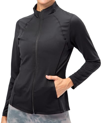 TERODACO Full Zip Running Jacket Women Long Sleeve Gym Top with Pockets | Lightweight UPF 50+ Ladies Sports Tops for Yoga Workout Fitness,Slim Fit Quick Dry Breathable