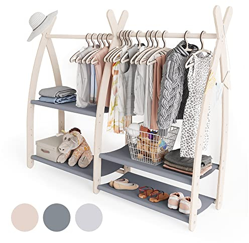 MAMOI® Garderobenständer Kinder 95x106x32cm / 53x95x32cm | Kleiderschrank Kinder | Garderobenständer | Kleiderstange für Kinder | Holzschiene | Garderobenholz Kinderzimmer | 100% ECO | Made in EU