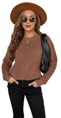 HEYPORK Damen Herbst Winter Warm Bequem Pullover Casual Mode Strickjacke Strickpullover Frauen Herbst/Winter Plüsch Pullover Einfarbig Langarm Rundhals Strickpullover(Braun, L)