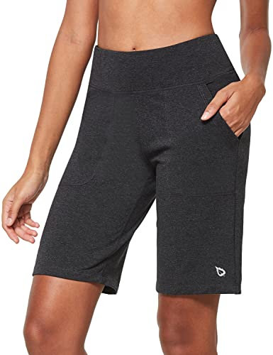 baleaf Damen 10 Bermuda Shorts Knielang Sommer Kurze Hose Hohe Taile Sporthose kurz mit Taschen Laufshorts Runningshorts Grau M