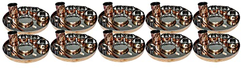 Lot de 10 assiettes traditionnelles Thali en acier inoxydable et cuivre avec assiette, bols, verre et cuillère, diamètre 33 cm