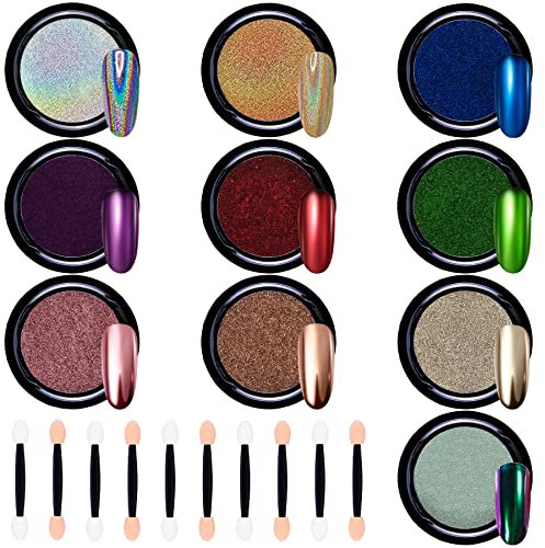 Duufin 10 Jars Nail Chrome Powder Metallic Mirror Effect Nail Powder 1g/Jar with 10 Pcs Eyeshadow Sticks, 10 Colours