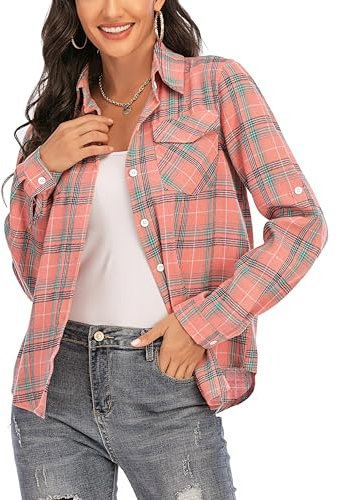 Yukiuiny Chemisier Carreaux 100% Coton Femme Chemise Bucheron Western T Shirt Casual Décontractée Classique Retro Ecossaise Flanelle Blouse Gilet Vintage Rose Vert M