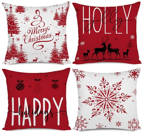 Miaikoe Red Christmas Kissenbezüge 45x45 Set von 4 Weihnachtsdekorationen Glückliche Feiertage Holly Jolly Schneeflocke Frohe Weihnachten Dekor Wurf Kissenbezug für Home Couch Sofa Deco