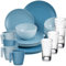 Melamin Geschirr Set 20 Teile elegante Steingut Optik in blau mit Wasserglas 260ml klar - für 4 Personen Essgeschirr Gläser Wasserglas Tumbler Whiskey - Campinggeschirr Picknick ideal Camping Outdoor