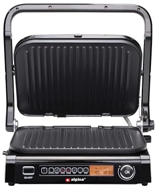 alpina Kontaktgrill - Optigrill 2100W - Sandwich Maker - Panini Grill - Multigrill für Gemüse, Brot und Fleisch - Tischgrill mit Antihaftbeschichtung - Intelligente Kochmodus - BPA-Frei - Schwarz