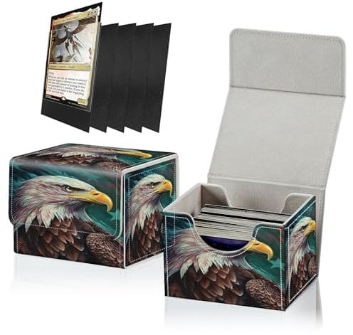 RWUTYTIUL 100 Pcs Black Card Sleeves and Card Deck Box for MTG Cards Set, Card Storage Box PU Leather Large Size Strong Magnet Card Deck Case Holder for Board Game Magic TCG CCG, Flag Eagle