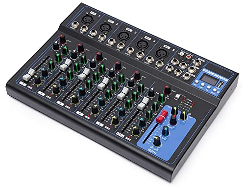Bluetooth Audio Mixer 7-Kanal Mischpult, DJ-Mixer Mischpult Audiomixer Rekorder und USB, 2 Microphone Input,USB-Port,für Mikrofone/Gitarren/Bass/Keyboards/Mixer/Instrumente etc