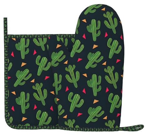 Kaktus-Kunstdruck, 2-teiliges Set, Frühling/Sommer, hitzebeständige Grillhandschuhe, Topflappen
