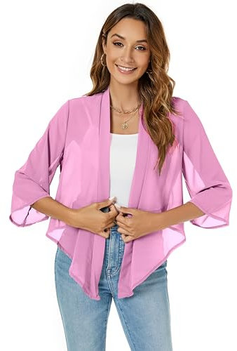 Famrrifuu Coprispalle Donna Elegante Leggero Estivo Cardigan Corta Maniche 3/4 Chiffon Coprispalle Corto,Rosa,L