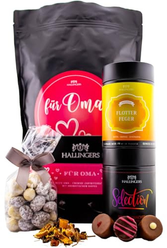 Hallingers Genuss Manufaktur Feinkost Muttertagsgeschenk-Set - XXL-Wundertüte Für Oma großes Mitbringsel Pralinen, Tafel Schokolade, Nougatmandeln & Früchte-Tee, Geschenkidee für Mama Oma