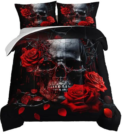 HOSIMA Totenkopf-Bettwäsche-Set, Gothic-Stil, Horror-Thema, Halloween-Bettwäsche-Set für Teenager, Mädchen, Jungen, Zimmer-Dekoration, rote Rose, Blumenmuster, Queen-Size-Bett mit 2 Kissenbezügen.