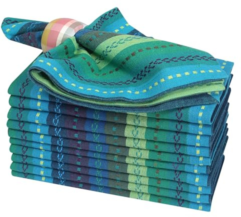 Stoffservietten aus Baumwolle für Abendessen, maschinenwaschbar, 45,7 x 45,7 cm, Blaugrün, mehrfarbig, blaugrüne Salsa-Streifen, Set mit 12 Stück