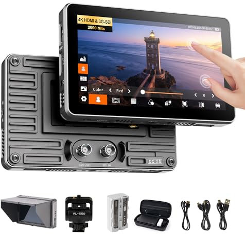 VILTROX DC-X3 2000 nit SDI Monitor da campo per telecamera, 4K HDMI 6“ Monitor video portatile per telecamera touchscreen con paraluce e batteria, Full HD 1920x1080,3D LUT,forma d'onda,Focus Peaking