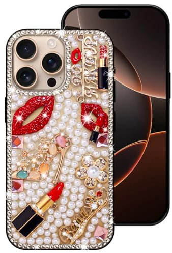Erolagomat Bling Case for iPhone 16 Pro Max,Shiny Luxury Designer Phone Case with Glitter Sparkle Diamond Crystal Rhinestone Lips Lipstick Pearl Flowers High Heels,Soft Bumper Cover for Women Girl