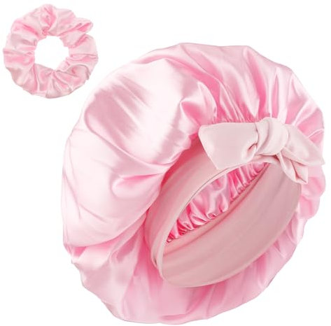 1 Stück Schlafmütze Silk Bonnet,Seide Schlafhaube,Seidenhaube zum Schlafen,Verstellbar Nacht Schlaf Mütze,Weiche Satin Haarhaube mit Gummizug,Anti-Rutsch Bonnet Sleep Cap für Damen und Mädchen(rosa)