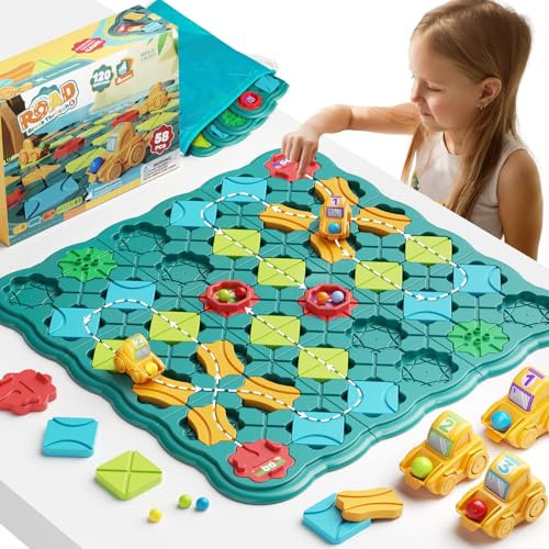 burgkidz Logischer Straßenbauer Brettspiele für Kinder 4 5 6 7 8 Jahre Jungen, 57 x 57 cm Großes Brett Labyrinth Puzzle Logik Spiel mit 3 Rückzugbagger, Geschenke Kinderspielzeug für Alter 4-8