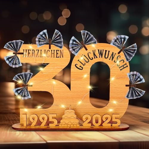 LUZOON 2025 Geldgeschenke Geburtstag 30 Geburtstagszahlen Holz Schild Gästebuch mit LED Lichterkette Ständer und Kerzenhalter für 30 Jahre Mann Frau für Hochzeit Jubiläum Tischdeko