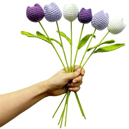 Urier 6 st virkad blomma tulpanbukett, 38 cm färdiga handvävda buketter, falska blommor, handgjorda virkade blommor, bomull, tulpaner, bulk för heminredning, bordsuppsatser, kvinnor, vänner, (blandad