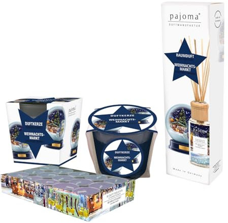 pajoma® Xmas Set Weihnachtsmarkt - Raumduft 100 ml - 30 Duft-Teelichte - 2X Duftkerzen | Festlicher Weihnachtsduft für gemütliche Momente | Premium Qualität