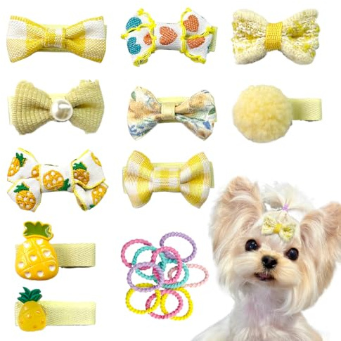 Light Yellow Dog Hair Clips and Rubber Bamds Small Dog Bows Cute Pet Grooming Accessories Alligator Clips Stay In Hair Barrettes Pineapple Hairpin Pet Headdress Bowknot Yorkie Puppy Maltese Girls Dogs