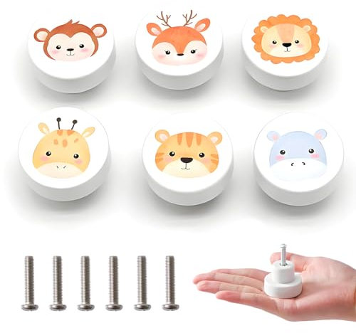 Xiciki 6 PCS Kids Drawer Knobs with Screws, 35mm Small Wood Knobs Bear Wooden Handles Round Furniture Pull Handle for Kids Room Kitchen Bedroom Furniture