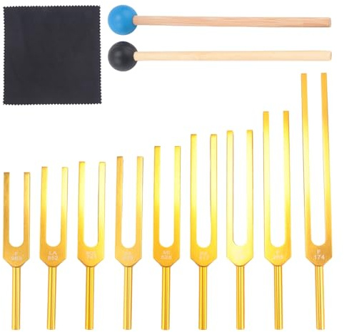 Boddceto Tuning Forks Set 9Pcs 174/285/396/417/528/639/741/852/963Hz Tuning Fork, Sound Healing Tool Set for Healing Chakra Gold