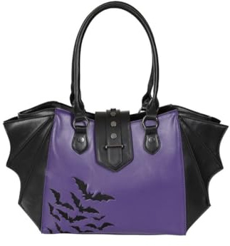 Banned Haunted Annabelle Tote Bag - Gothic Bat Wing Handbag, Purple Black Bats
