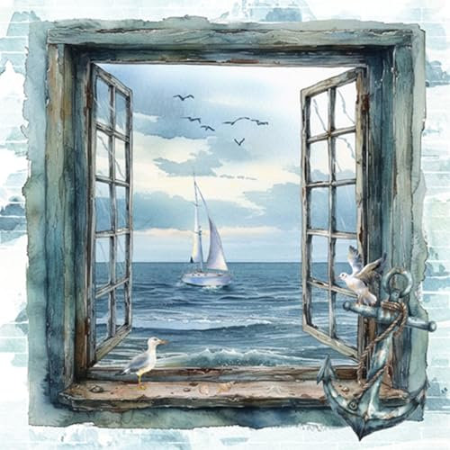 ti-flair Servietten Papier 33x33cm 3-lagig 20 Stück - hochwertig & nachhaltig - Einweg Papierservietten für Maritime Tischdeko Sommerparty Hochzeit Geburtstag Brunch Segelboot Meerblick Fenster