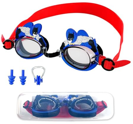 Lunettes de Natation Enfants, Batman Lunettes Piscine lentille Anti-Buée Sangle Réglable Protection UV, Lunettes de Natation en Silicone Souple pour 3-12 Ans, avec Bouchons D'oreille et Pince-Nez
