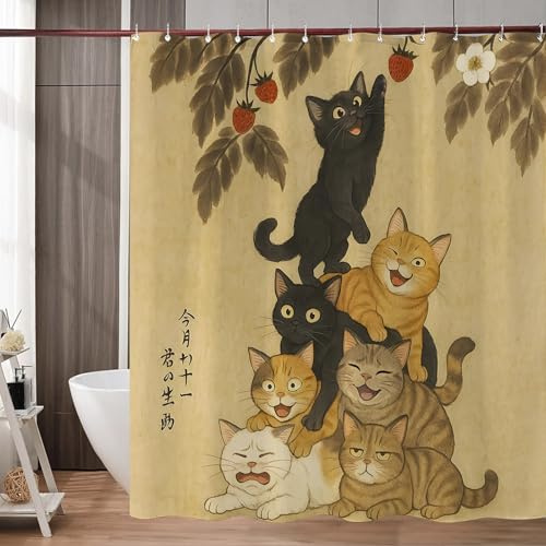 Accnicc Rideau de douche amusant avec motif chat mignon pour salle de bain vintage anime japonais unique enfants tissu imperméable rideau de bain décoration 183 x 183 cm