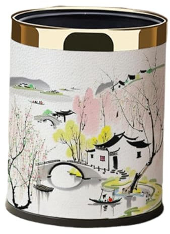 Fenteer Leather Trash Can Trash Bin Elegant Bedroom Bin Reusable Decorative Stylish Paper Basket Office Bins Wastebasket Rubbish Bins for Laundry Room Kitchen Hotel Toilet,Style G,Gold Rim