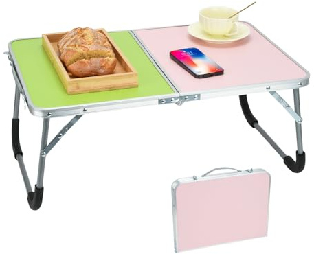 BSDLZCH Tavolo pieghevole per computer portatile, tavolo da pranzo pieghevole, multifunzione, pieghevole, leggero, pieghevole, per letto, divano, divano, giardino, picnic, campeggio (rosa-verde)