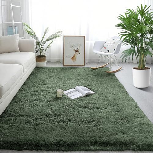 MIUUIPI Flauschig Hochflor Teppich, Waschbarer Teppich Wohnzimmer Antirutschteppich Moderne Shaggy Weich Teppiche Matte Teppichen für Schlafzimmer Kinderzimmer (Dunkelgrün, 80x160cm)