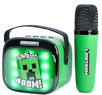 OTL Technologies Minecraft Mini LED Wireless Karaoke Speaker with Bluetooth Microphone, Green, Colour-Changing Lights