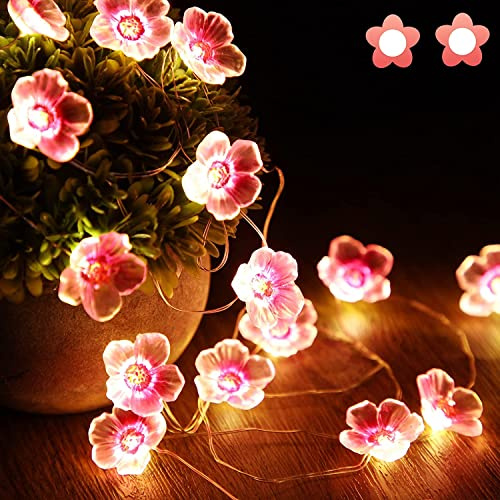 Mudder Lot de 4 guirlandes lumineuses en forme de fleur de cerisier - 4 m - 40 LED - Lumières fée roses - Fonctionne avec USB et piles - Guirlande lumineuse décorative pour chambre à coucher